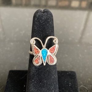 Sterling Silver, Turquoise and Coral Butterfly Ring